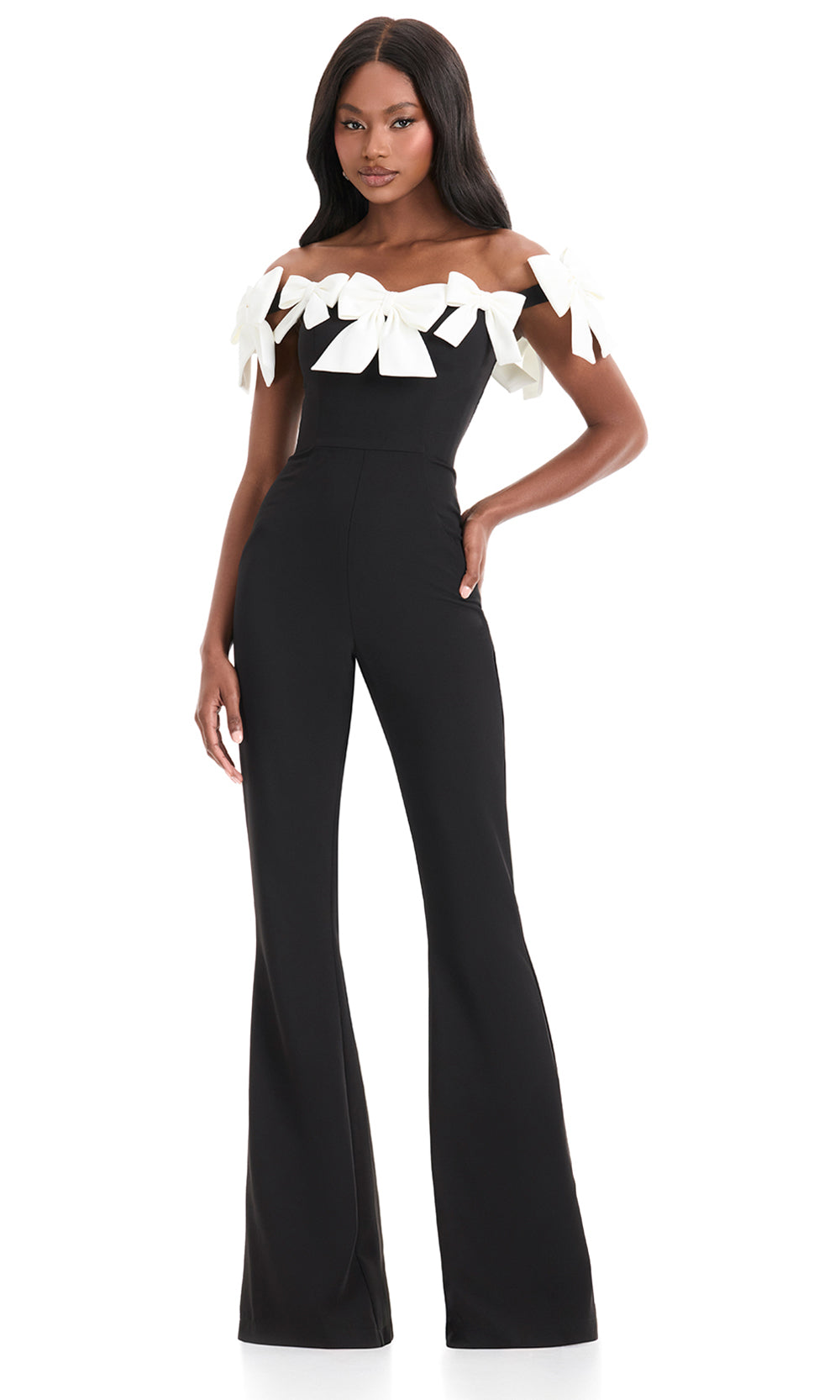 Ashley Lauren 12236 - Off Shoulder Bow Detail Jumpsuit in White Black