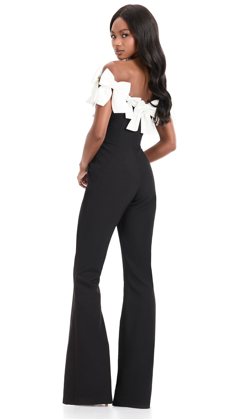 Ashley Lauren 12236 - Off Shoulder Bow Detail Jumpsuit in White Black