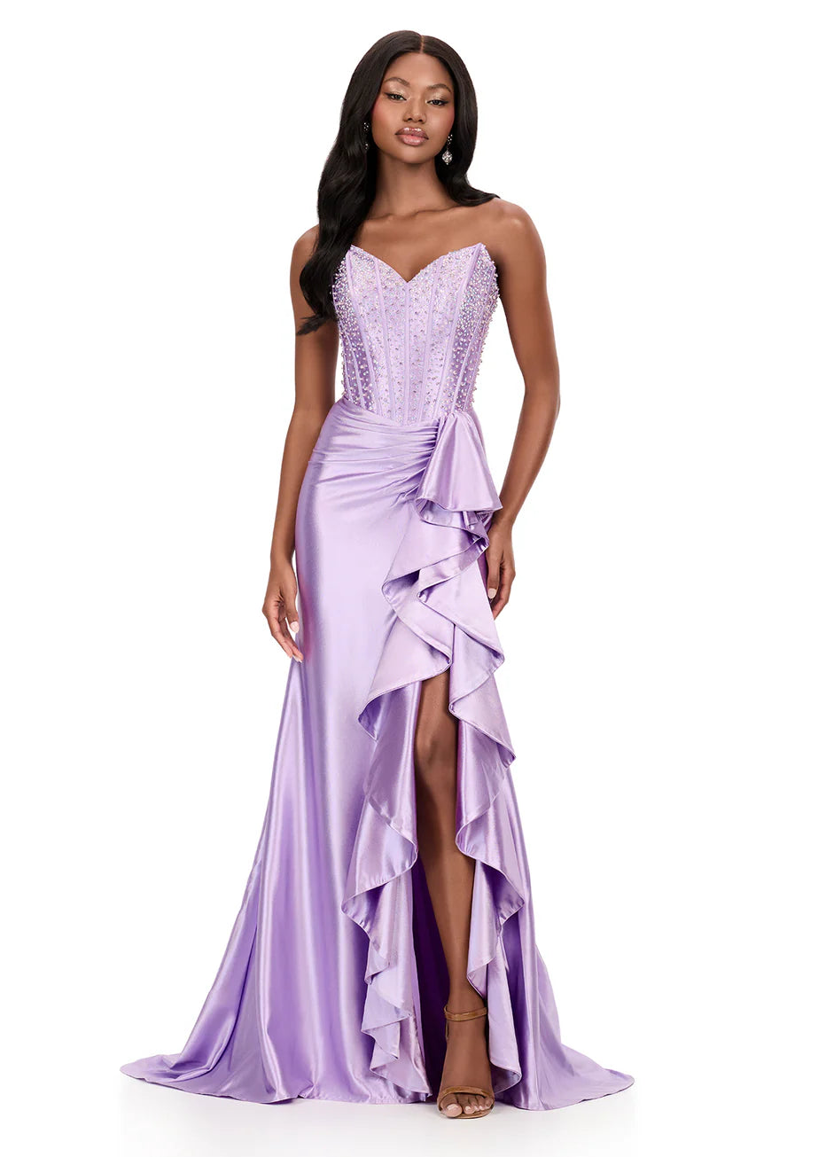 Ashley Lauren 12240 - Ruffled Slit Shimmer Jersey Evening Dress