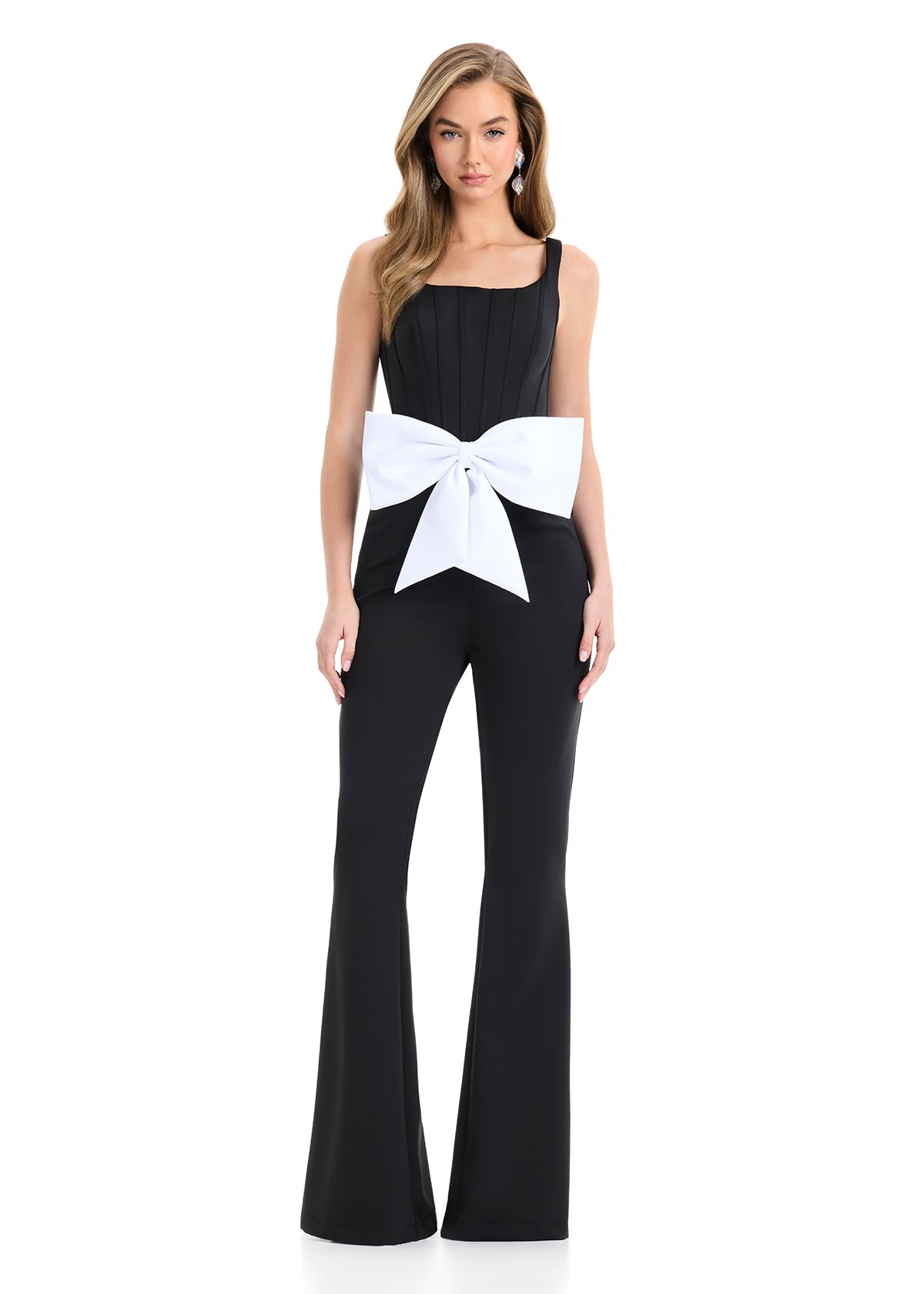 Ashley Lauren 12242 - Bow Waist Square Neckline Scuba Jumpsuit In WhiteBlack