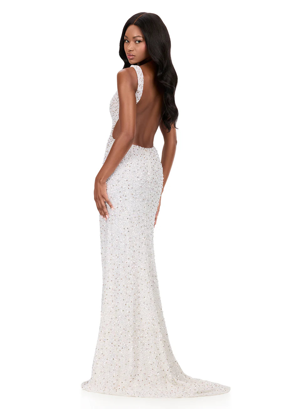 Ashley Lauren 12243 - V-Neckline High Slit Dress with Beading