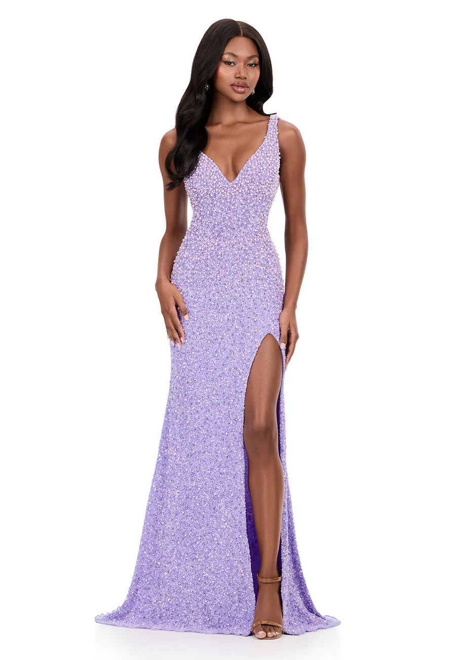 Ashley Lauren 12243 - V-Neckline High Slit Dress with Beading