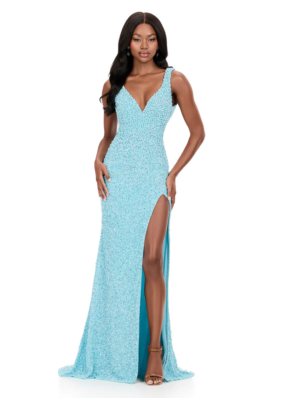 Ashley Lauren 12243 - V-Neckline High Slit Dress with Beading