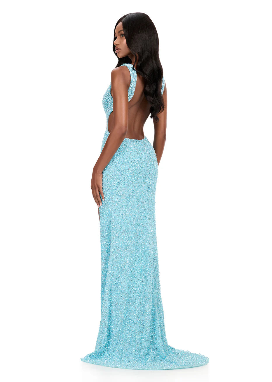 Ashley Lauren 12243 - V-Neckline High Slit Dress with Beading