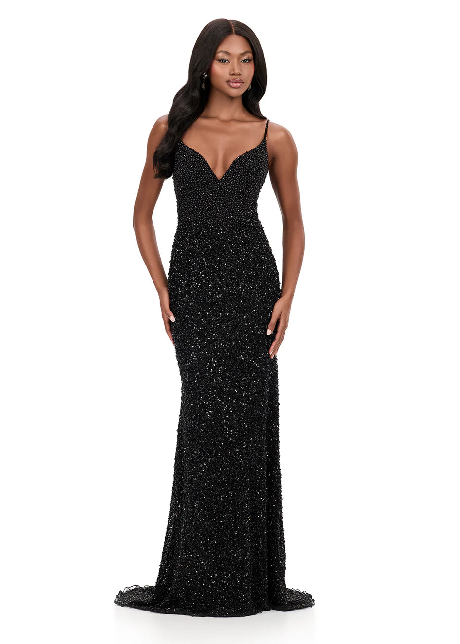 Ashley Lauren 12244 - Spaghetti Strap Bead Embellished Dress