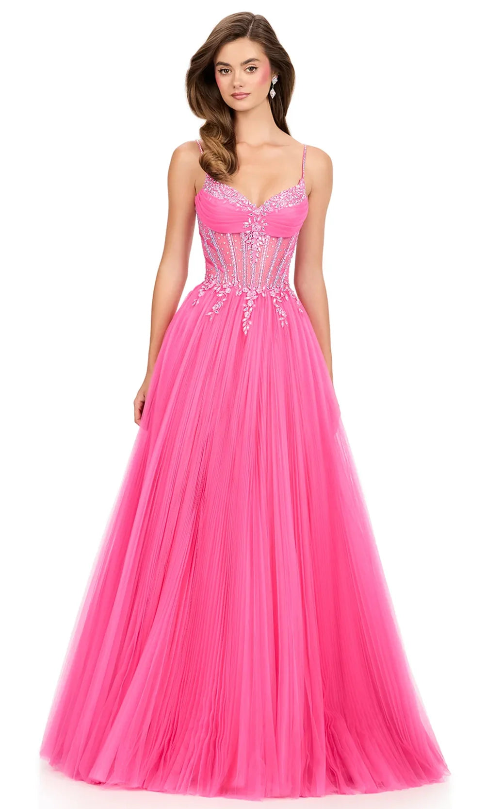 Ashley Lauren 12246 - Beaded Corset Tulle A-Lin e Evening Gown Special Occasion Dress in HotPink