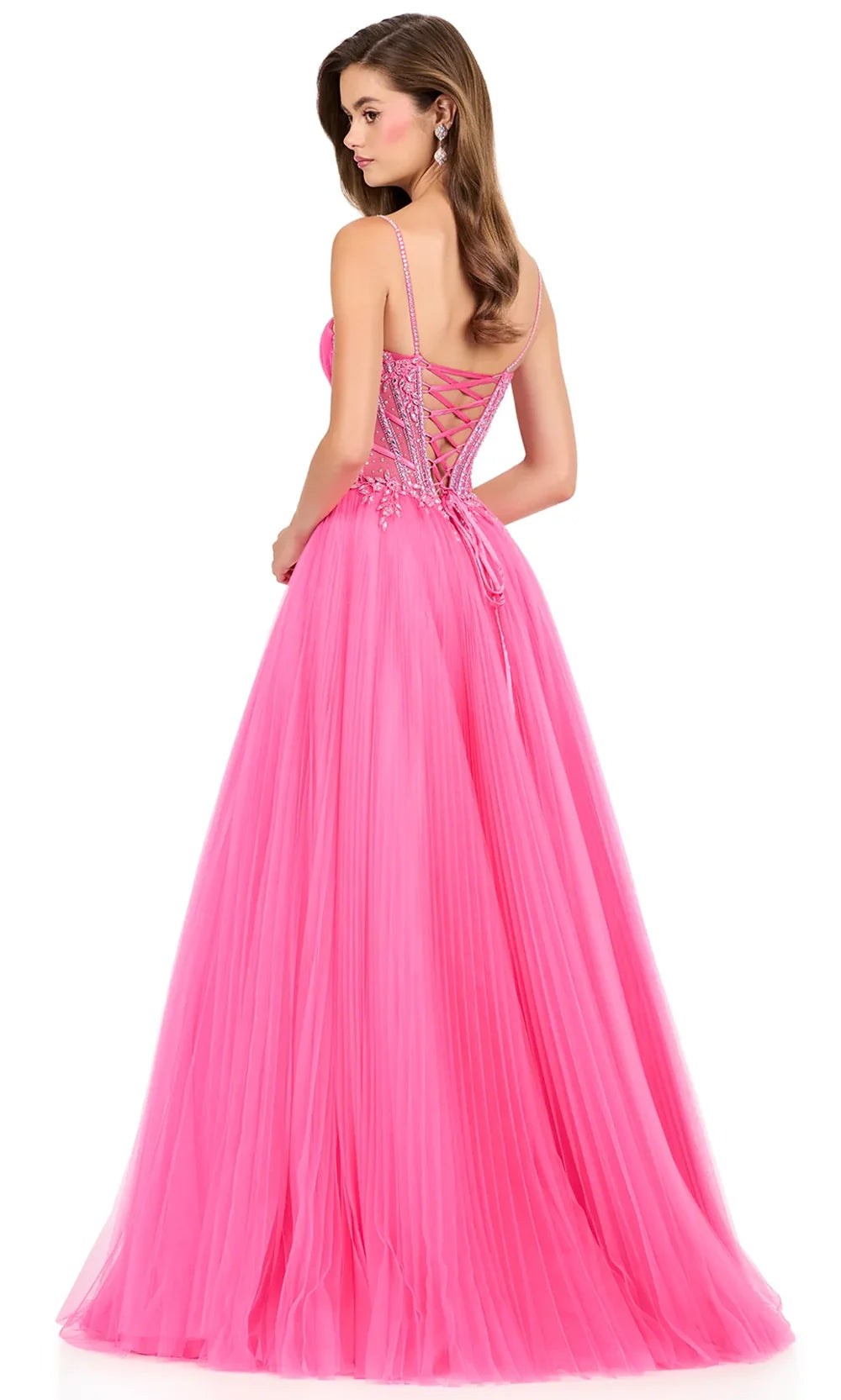 Ashley Lauren 12246 - Beaded Corset Tulle A-Lin e Evening Gown Special Occasion Dress in HotPink