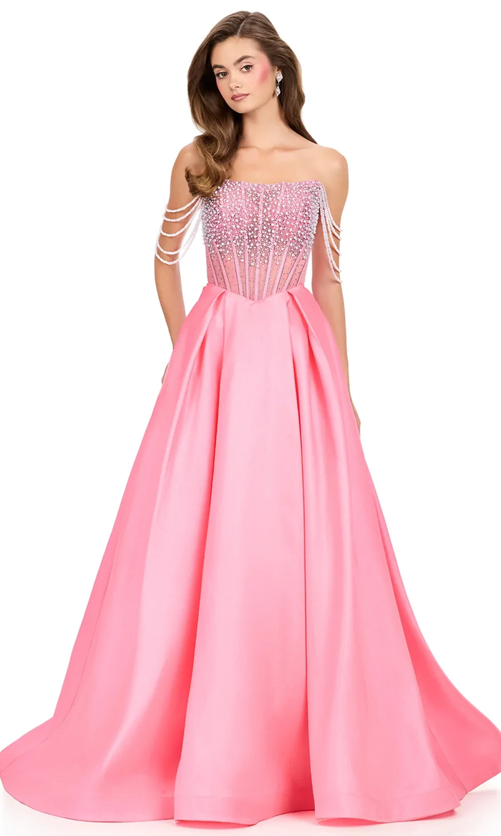 Ashley Lauren 12248 - Off Shoulder Pearl Embellished Ballgown in Candy Pink