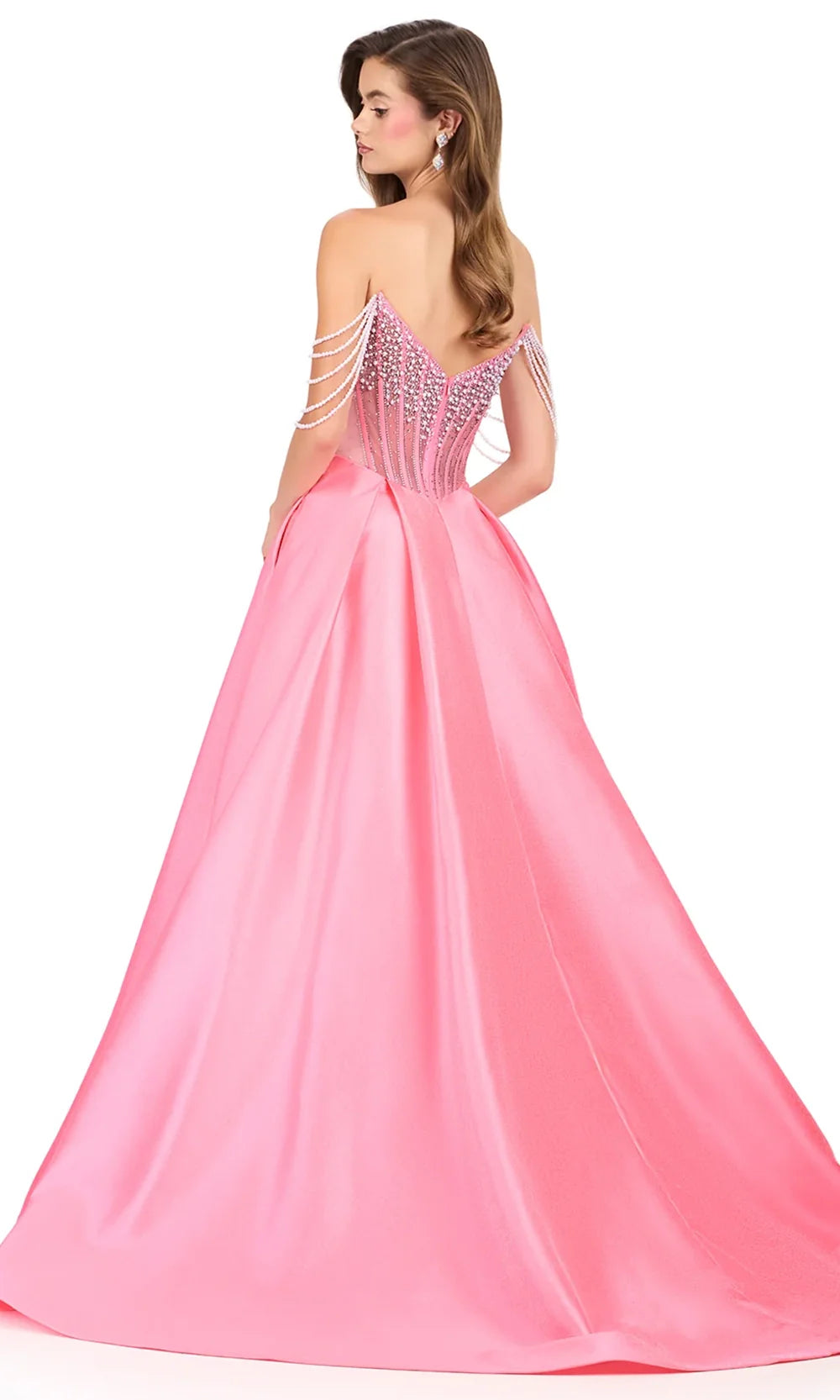 Ashley Lauren 12248 - Off Shoulder Pearl Embellished Ballgown in Candy Pink