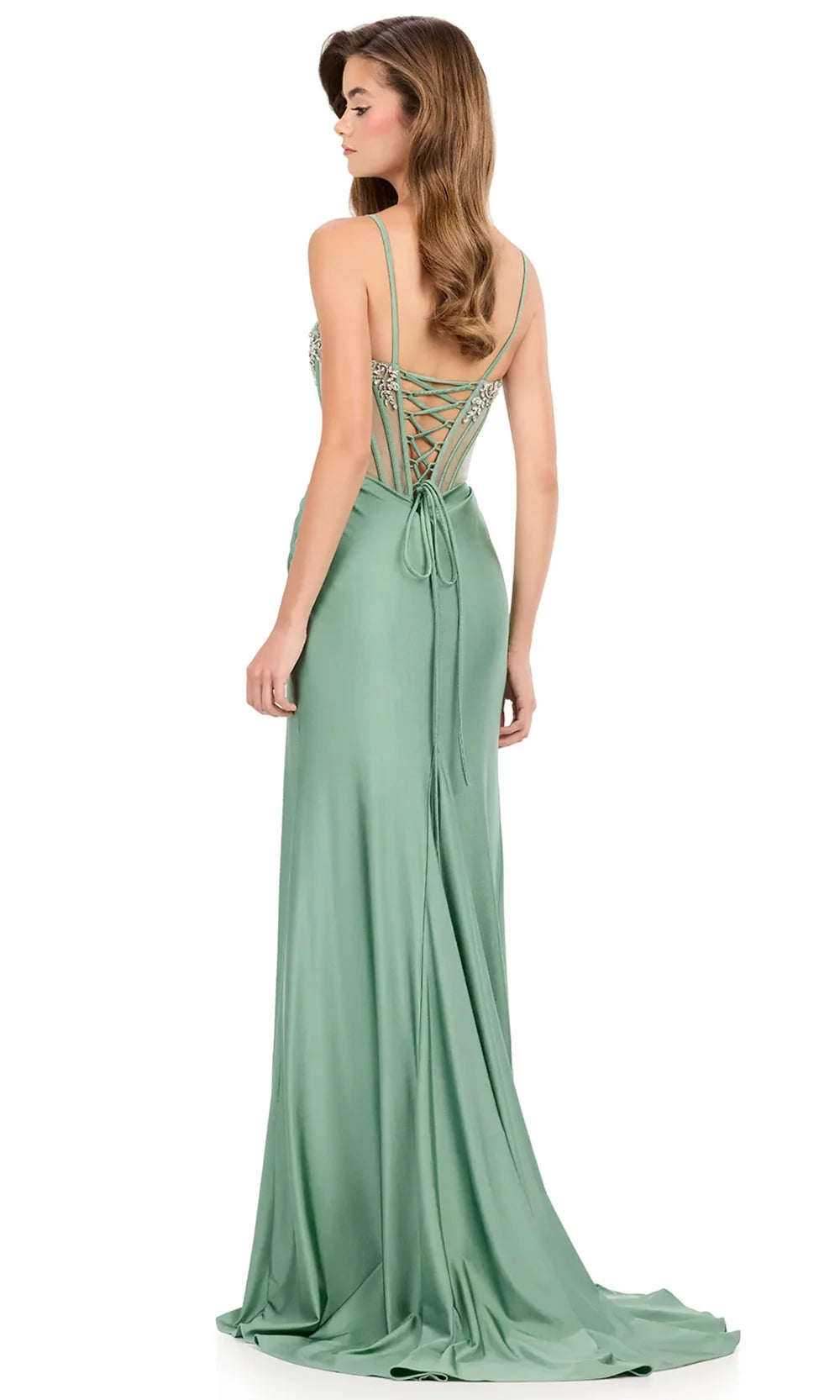 Ashley Lauren 12249 - Crystal Embellished Corset Jersey Dress in Sage