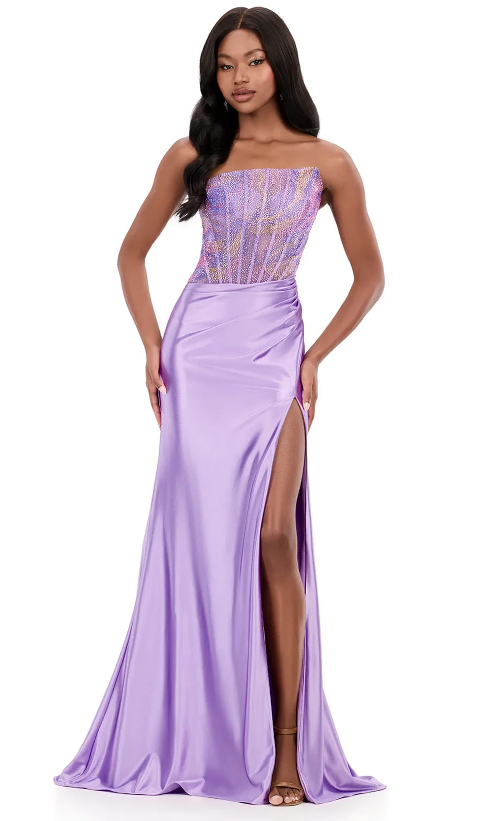 Ashley Lauren 12250 - Beaded Corset Asymmetric Fitted Gown in Lilac