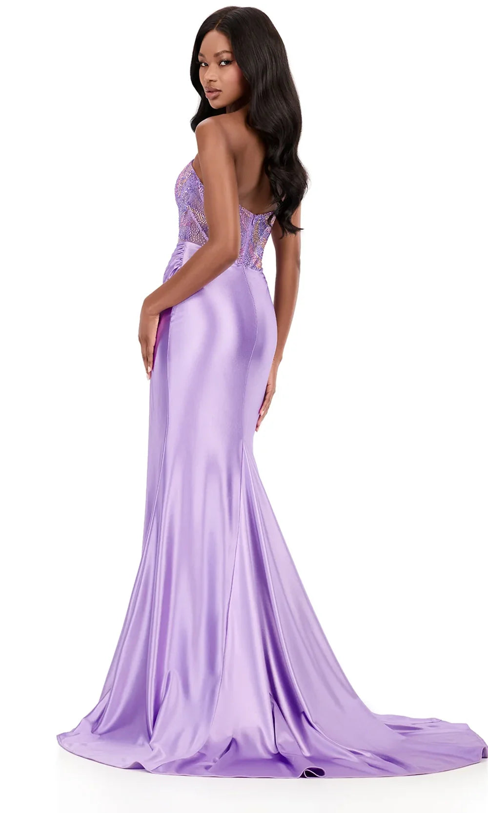 Ashley Lauren 12250 - Beaded Corset Asymmetric Fitted Gown in Lilac