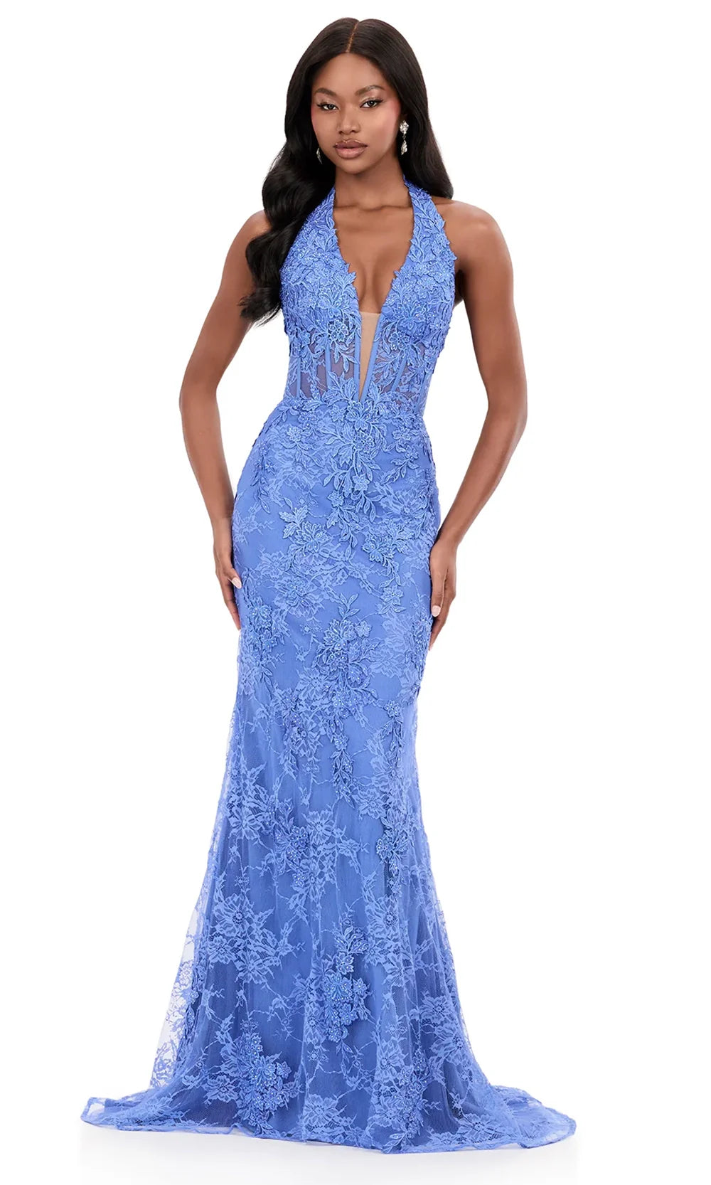 Ashley Lauren 12251 - Floral Lace Applique Halter Prom Gown in Periwin kle
