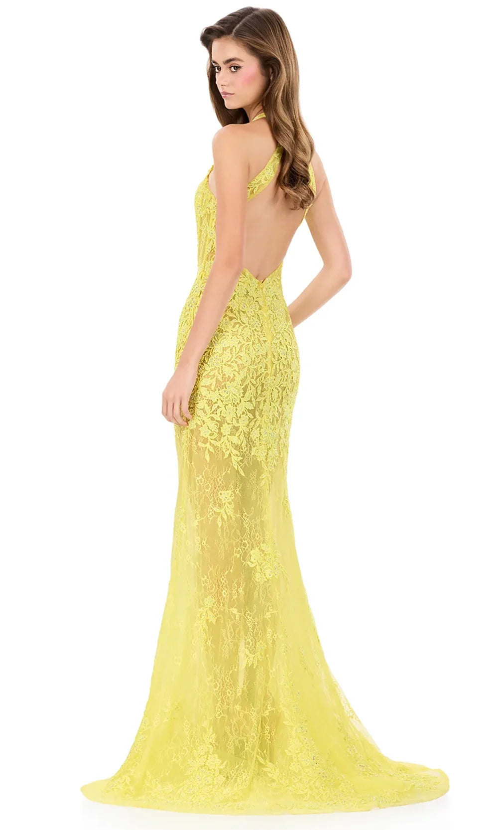 Ashley Lauren 12255 - Floral Lace Illusion Sleeveless Prom Gown Special Occasion Dress in Yellow