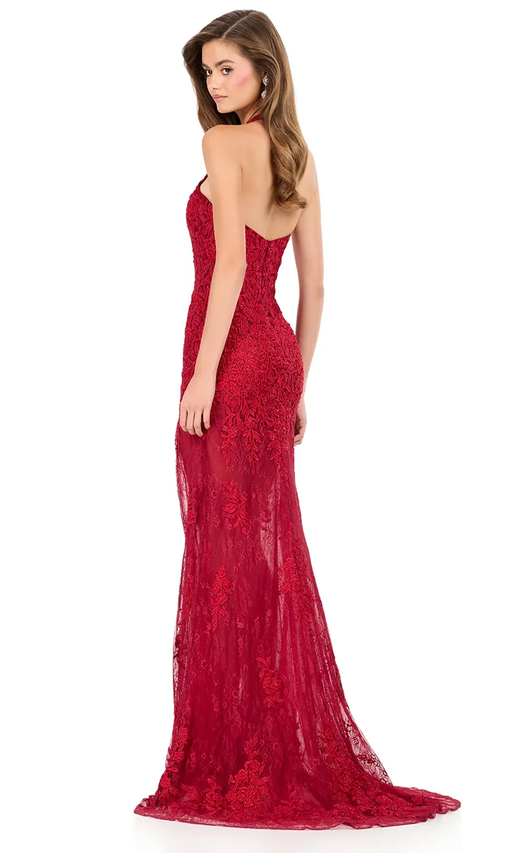 Ashley Lauren 12256 - Floral Lace Halter Evening Gown with Slit in Deep Red
