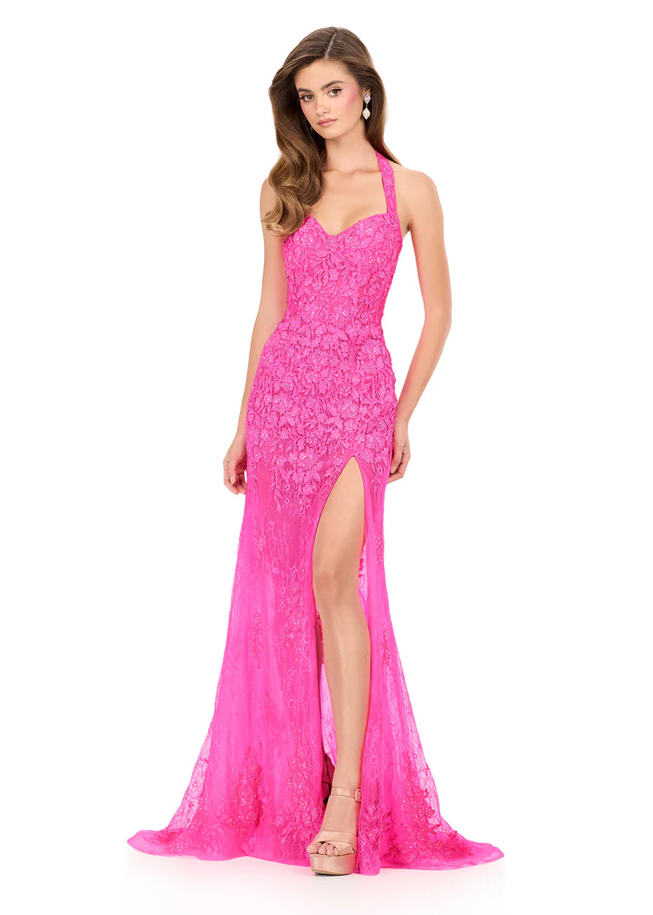 Ashley Lauren 12256 - Halter Lace Embroidered Fitted Gown