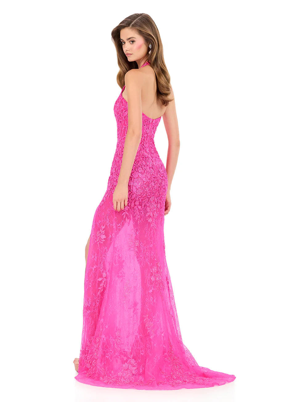 Ashley Lauren 12256 - Halter Lace Embroidered Fitted Gown
