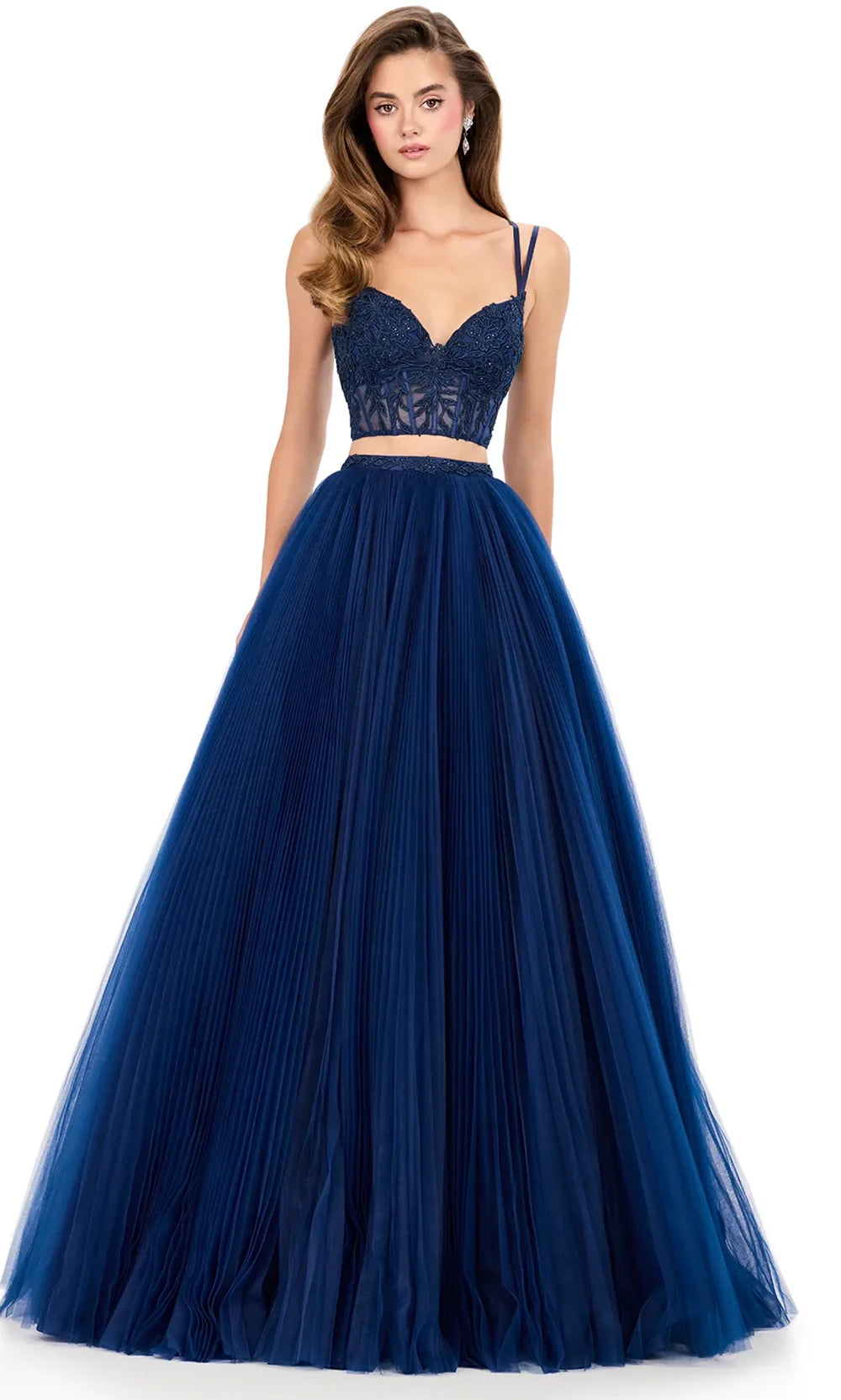Ashley Lauren 12259 - Lace Crop Top Pleated A-Lin e Gown Special Occasion Dress in Navy