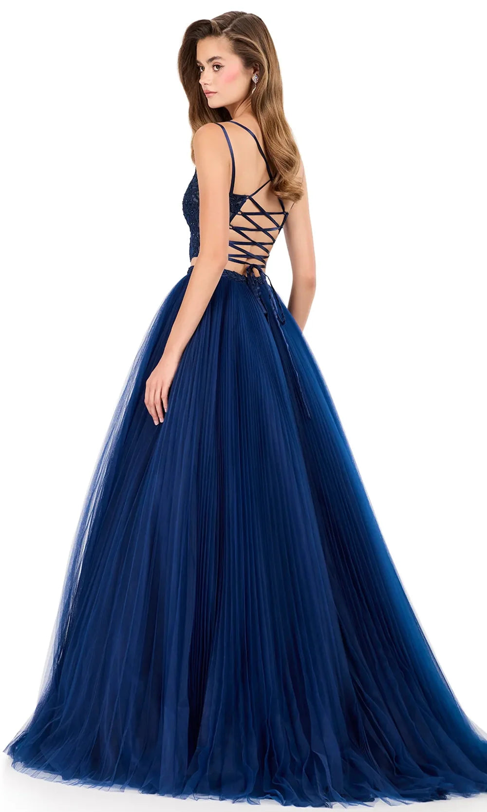 Ashley Lauren 12259 - Lace Crop Top Pleated A-Lin e Gown Special Occasion Dress in Navy