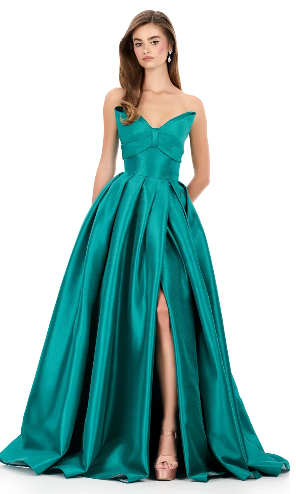 Ashley Lauren 12265 - Bow Neckline Mikado Box-Pleated Gown in Jade
