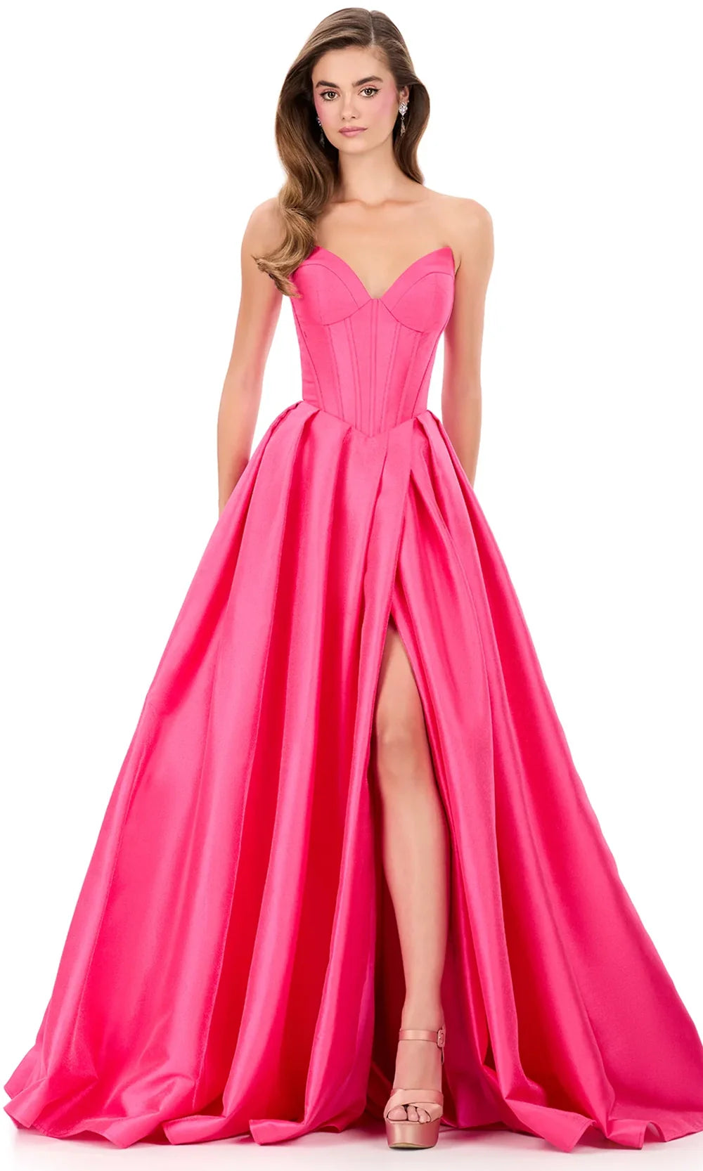 Ashley Lauren 12266 - Pleated Skirt Mikado Strapless Gown in Fuchsia