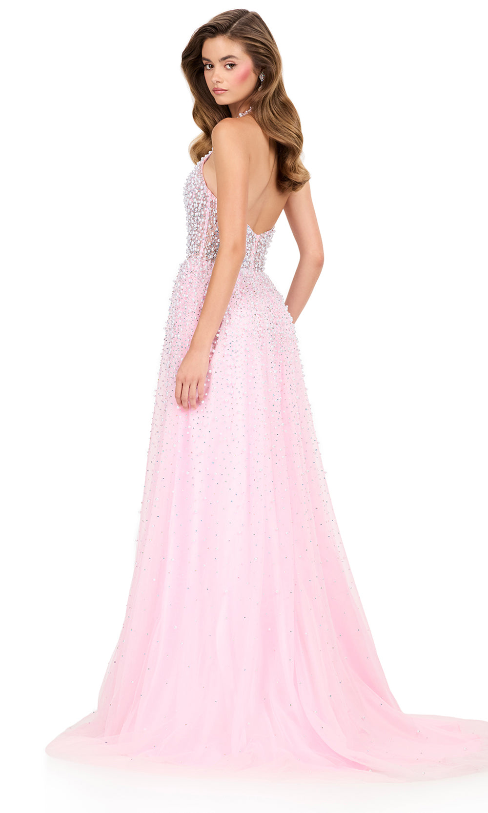 Ashley Lauren 12268 - Halter Pearl Embellished A-Lin e Dress in Ice Pink
