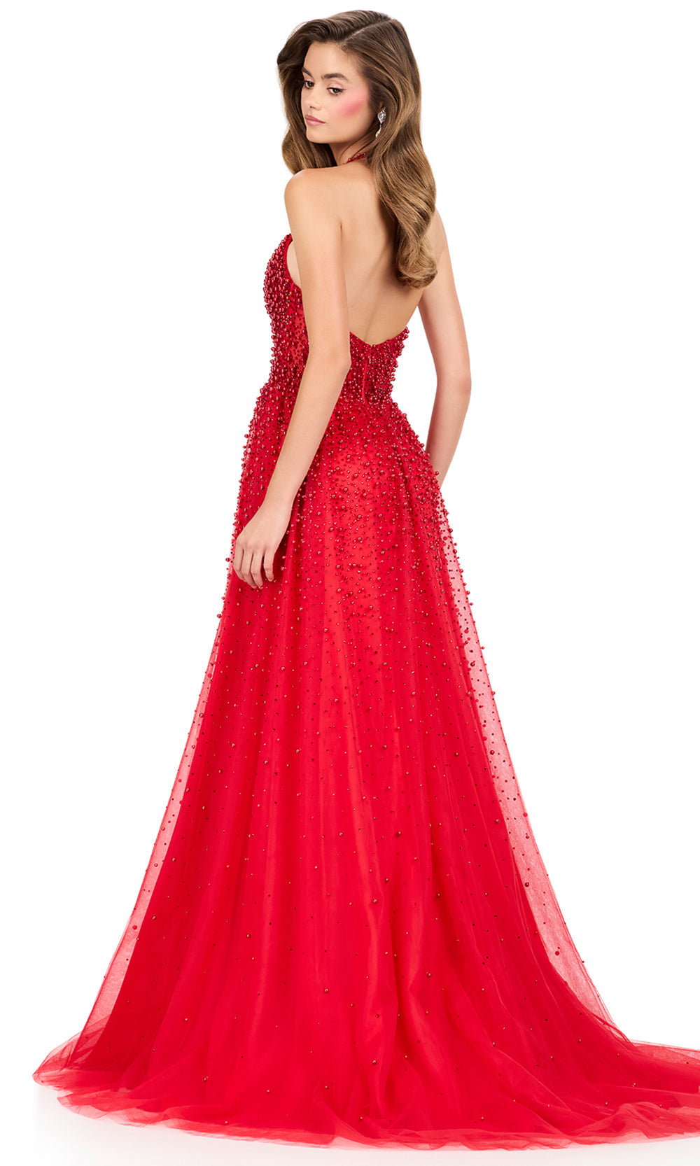 Ashley Lauren 12268 - Halter Pearl Embellished A-Lin e Dress in Red