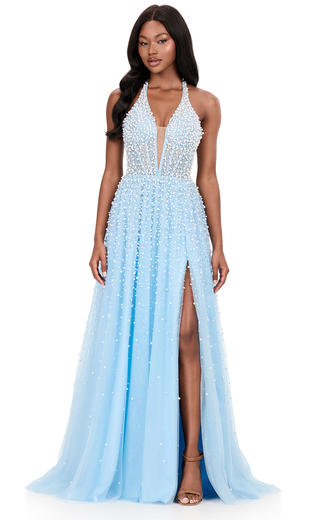 Ashley Lauren 12268 - Halter Pearl Embellished A-Lin e Dress in Sky