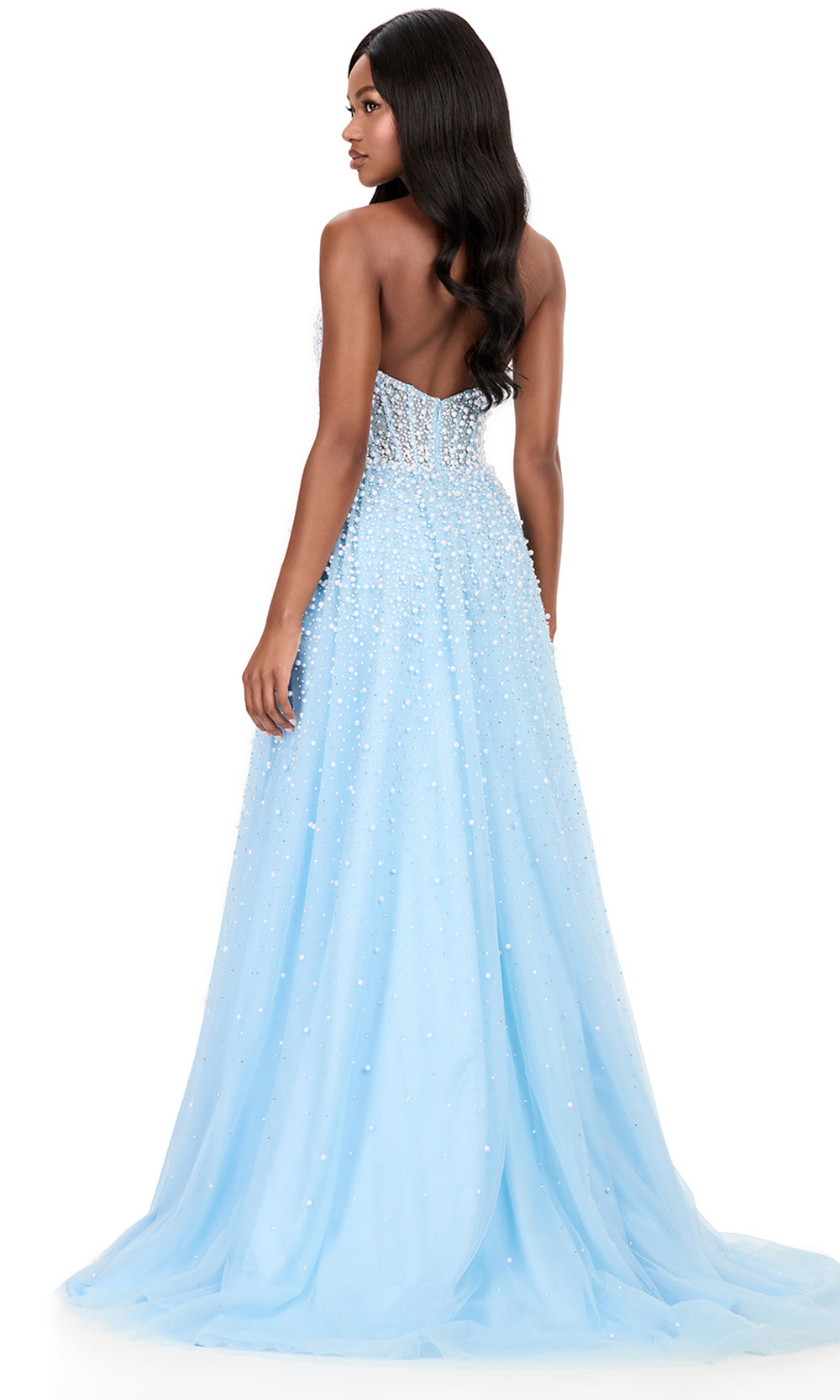 Ashley Lauren 12268 - Halter Pearl Embellished A-Lin e Dress in Sky