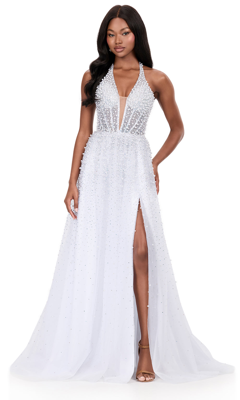 Ashley Lauren 12268 - Halter Pearl Embellished A-Lin e Dress in White
