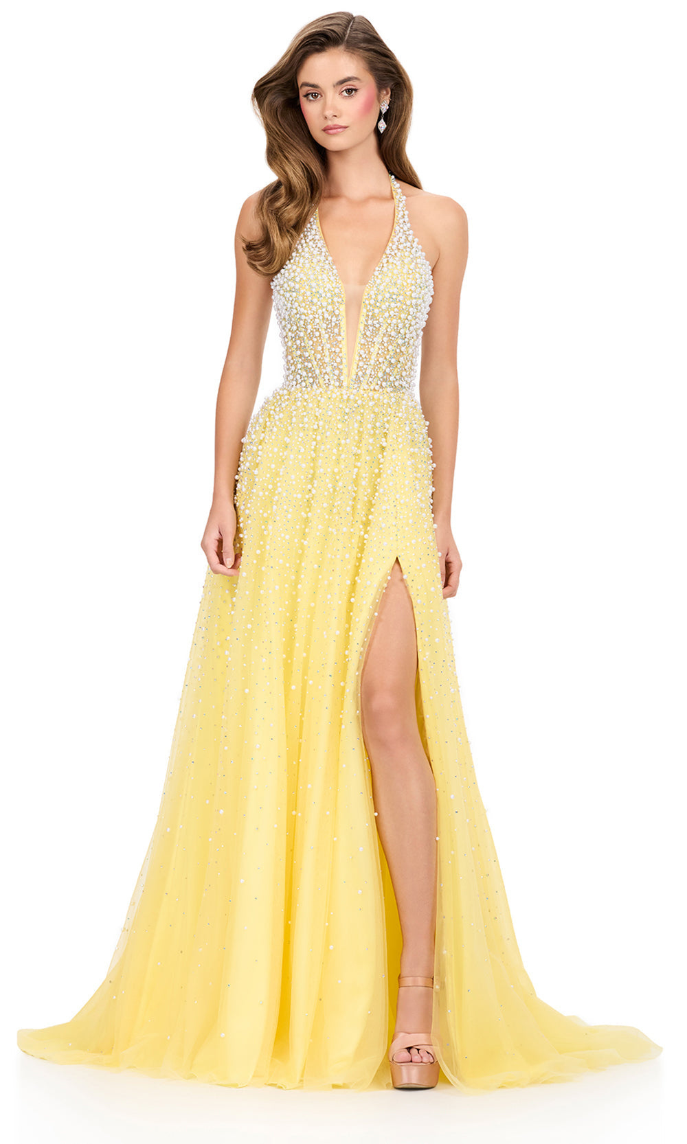Ashley Lauren 12268 - Halter Pearl Embellished A-Lin e Dress in Yellow