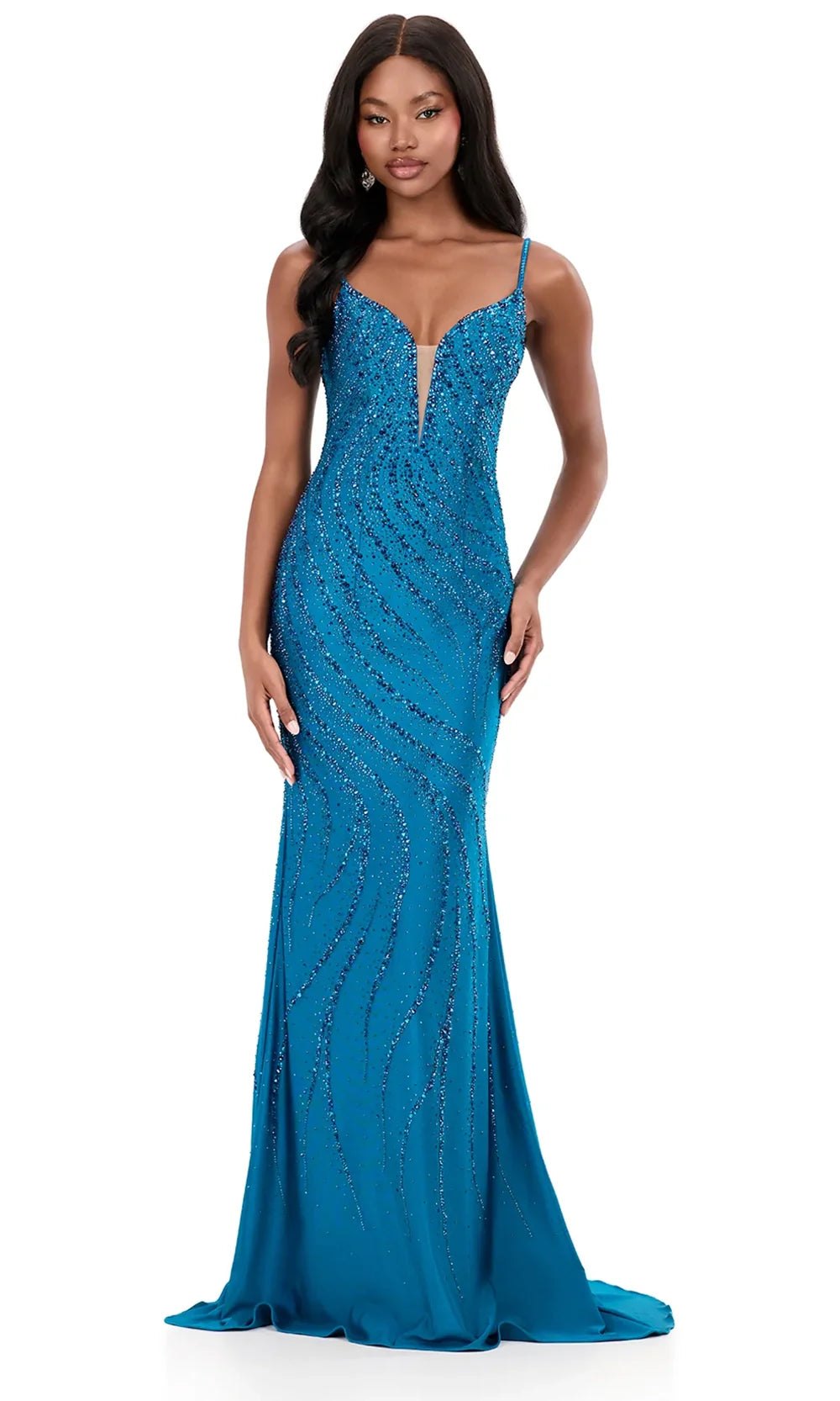 Ashley Lauren 12269 - Swirl Beaded Spaghetti Strap Prom Dress in Peacock 