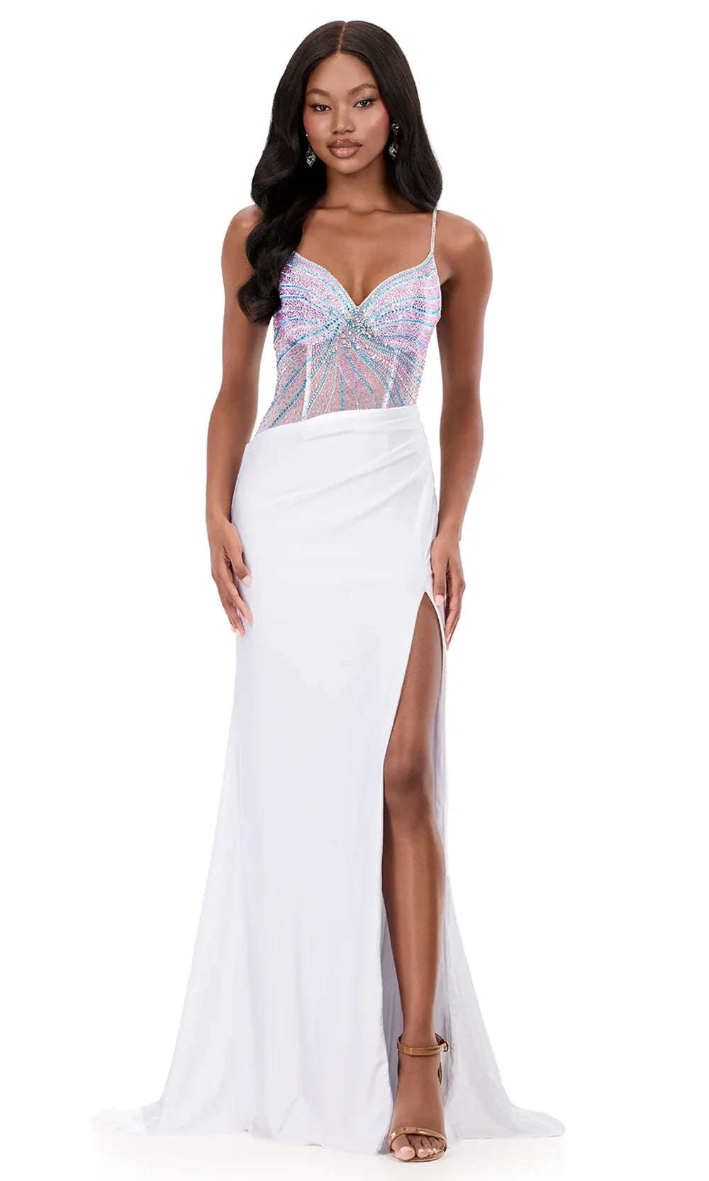Ashley Lauren 12270 - Multicolor Beaded Corset Sheath Dress in White