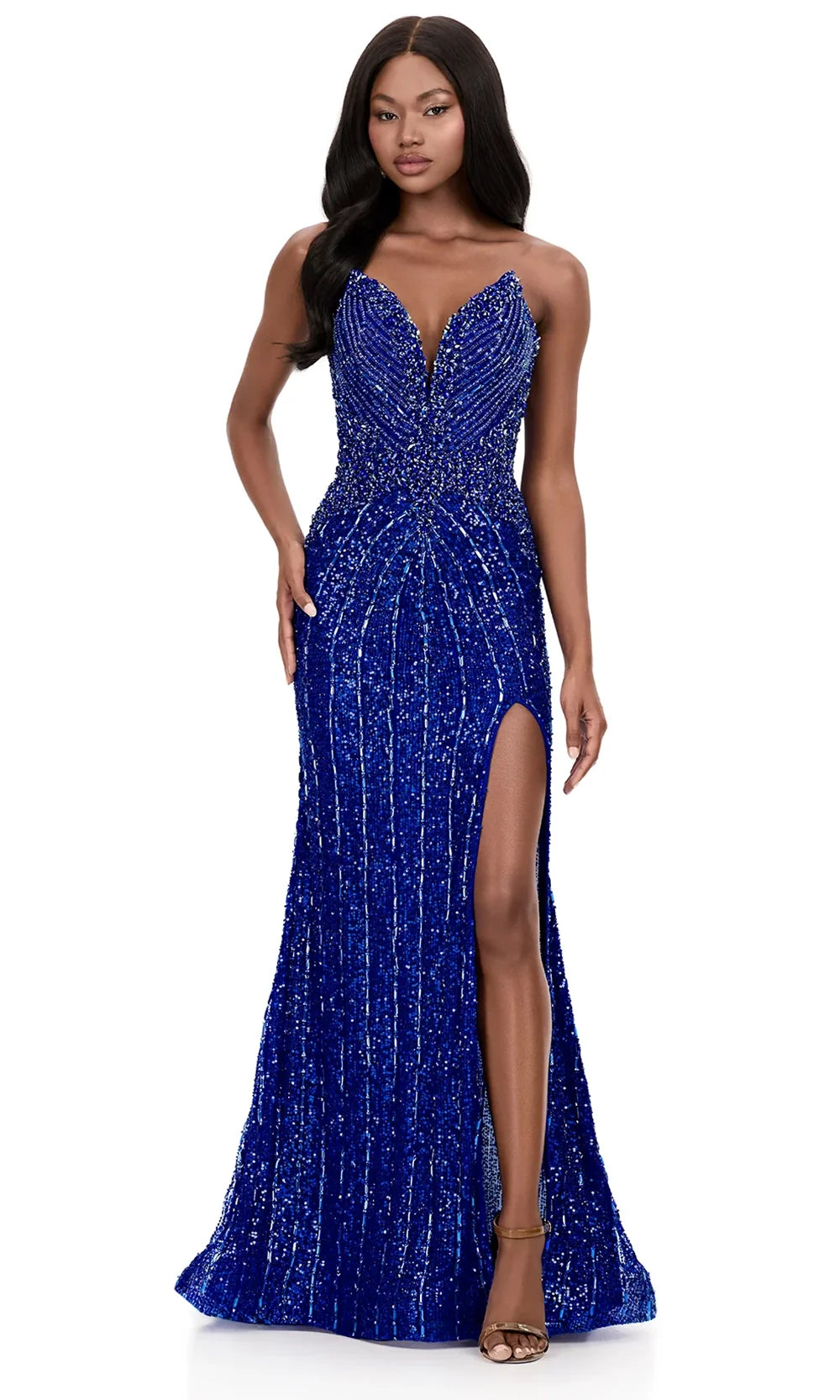 Ashley Lauren 12273 - Beaded Deep Sweetheart Evening Gown Special Occasion Dress in Blue