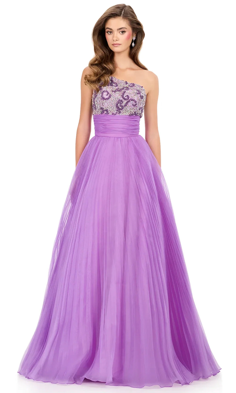 Ashley Lauren 12275 - Beaded One Shoulder Organza Ballgown Special Occasion Dress in Orchid