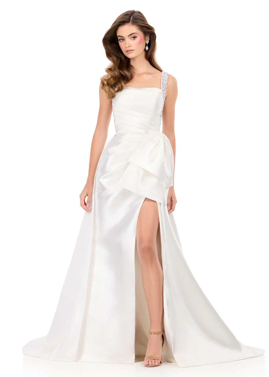 Ashley Lauren 12276 - Square Neck High Slit Gown with Overskirt