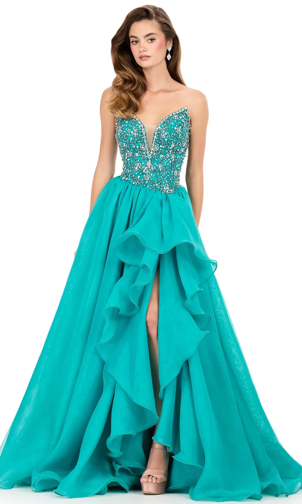 Ashley Lauren 12281 - Strapless Beaded Ruffle Evening Gown Special Occasion Dress in Jade