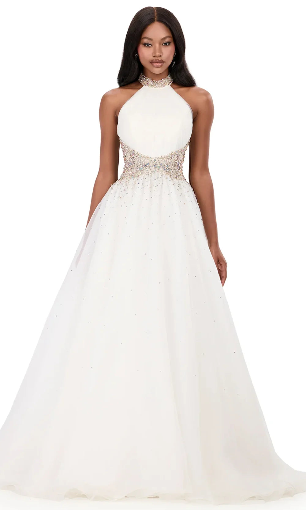 Ashley Lauren 12283 - Beaded Halter Neck Organza Gown Special Occasion Dress in Ivory