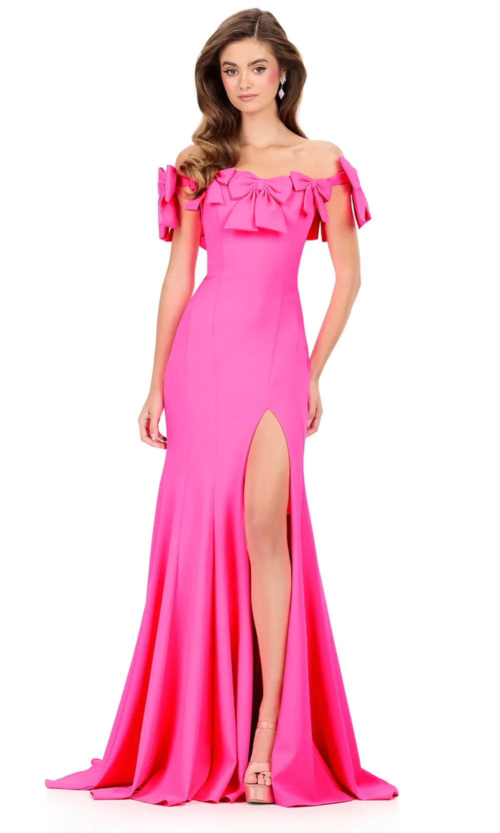 Ashley Lauren 12288 - Off Shoulder Bow Accent Prom Dress in Hot Pink
