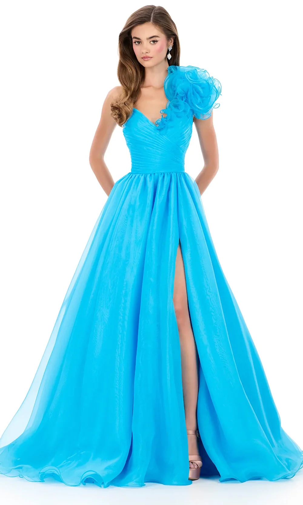 Ashley Lauren 12289 - Ruffle Shoulder A-Lin e Evening Gown in Peacock
