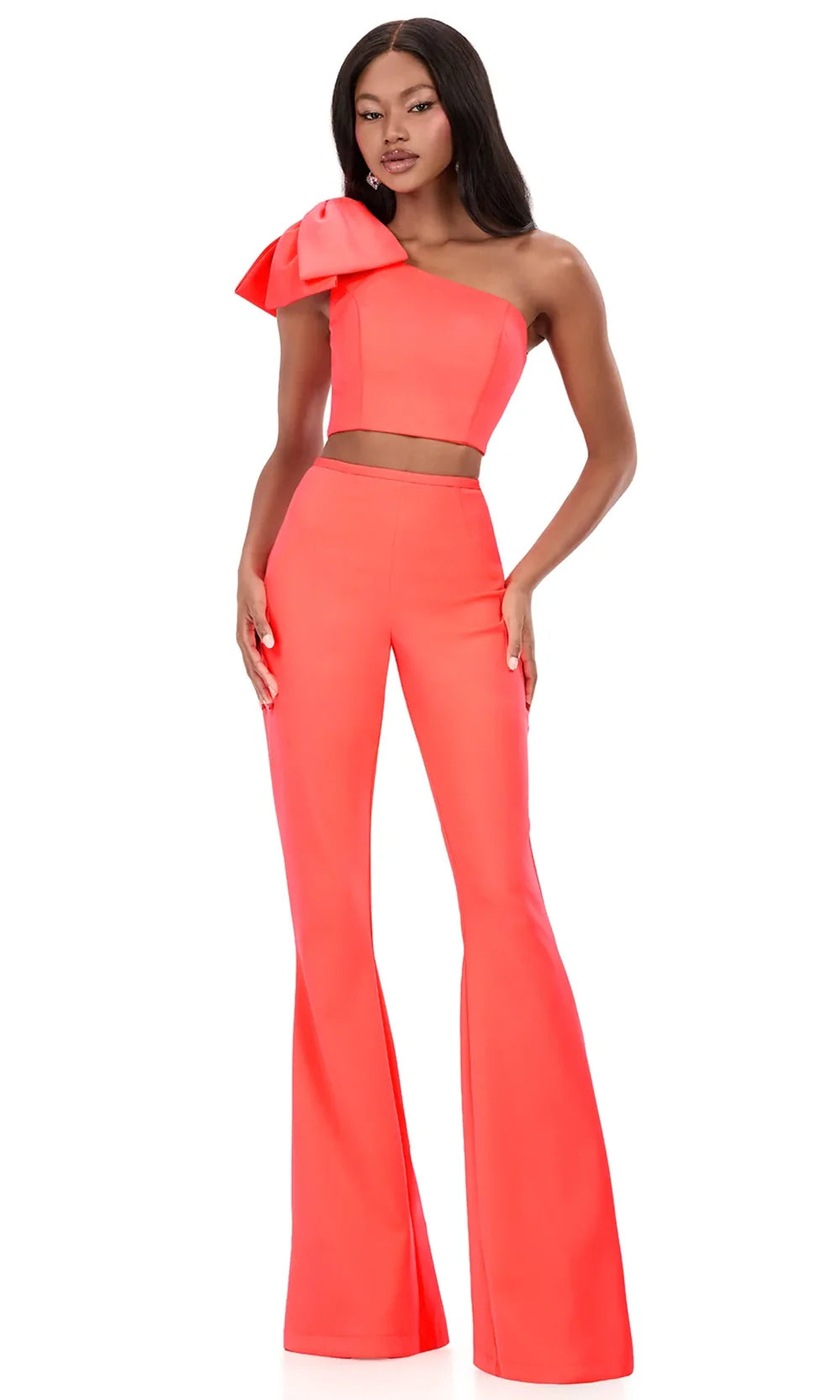 Ashley Lauren 12292 - One Shoulder Bow Detail Jumpsuit Special Occasion Dress Neon Orange
