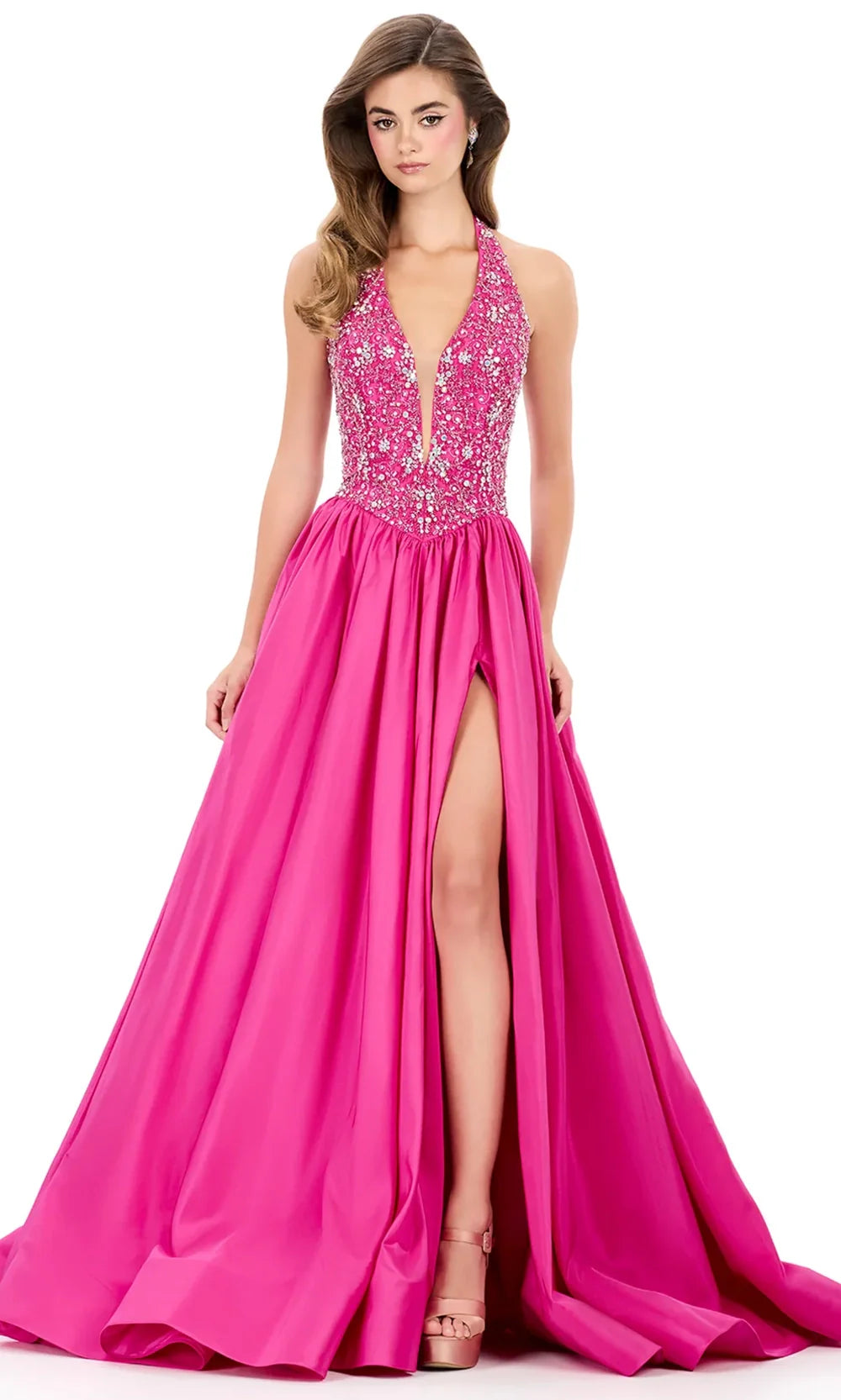 Ashley Lauren 12299 - Beaded Bodice Plungin g Halter Ballgown Special Occasion Dress in Raspberry