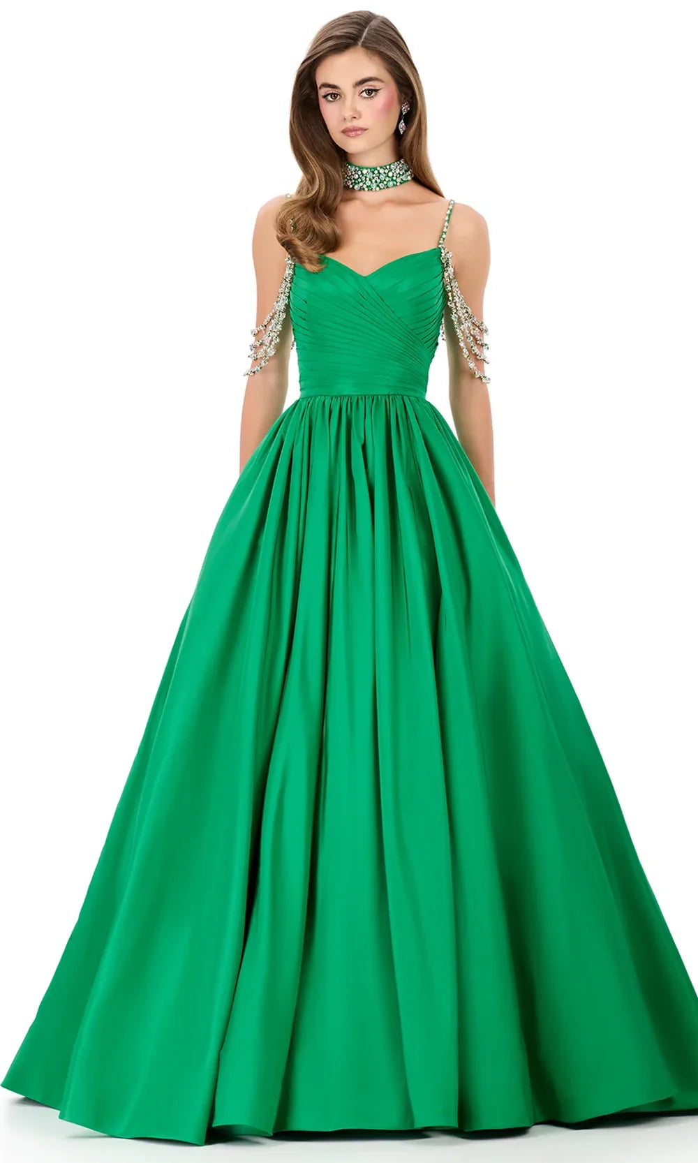 Ashley Lauren 12300 - Beaded Strap Taffeta Ballgown Special Occasion Dress in Emerald