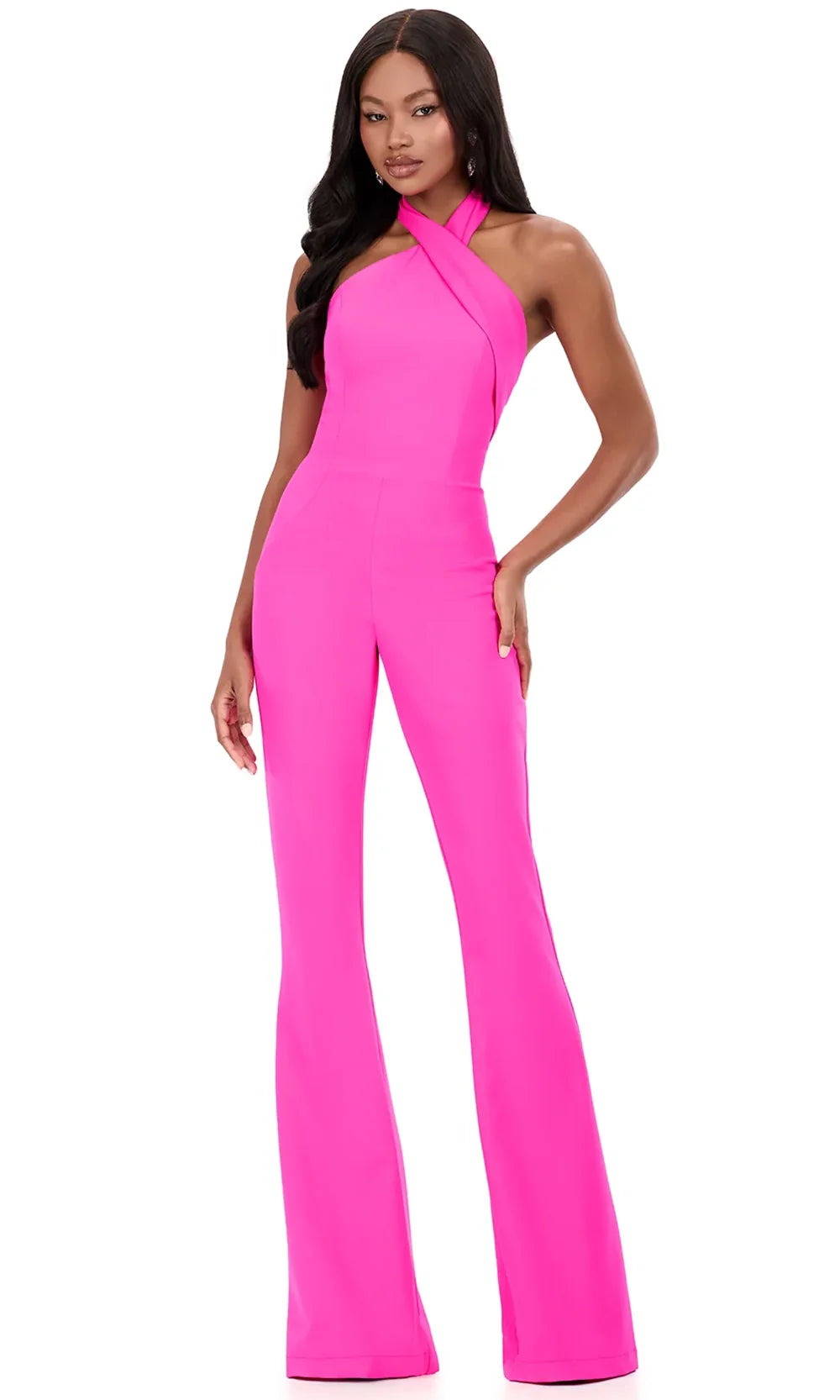 Ashley Lauren 12302 - Cross Halter Flared Leg Jumpsuit Special Occasion Dress in Fuchsia