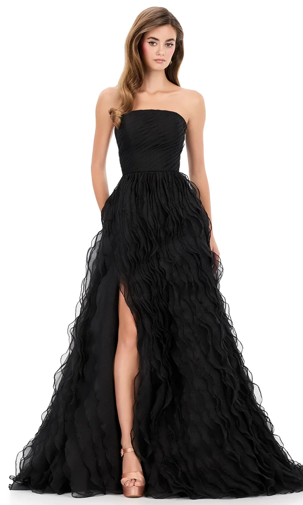 Ashley Lauren 12306 - Straight Neckline Crin kle Organza Ballgown in Black