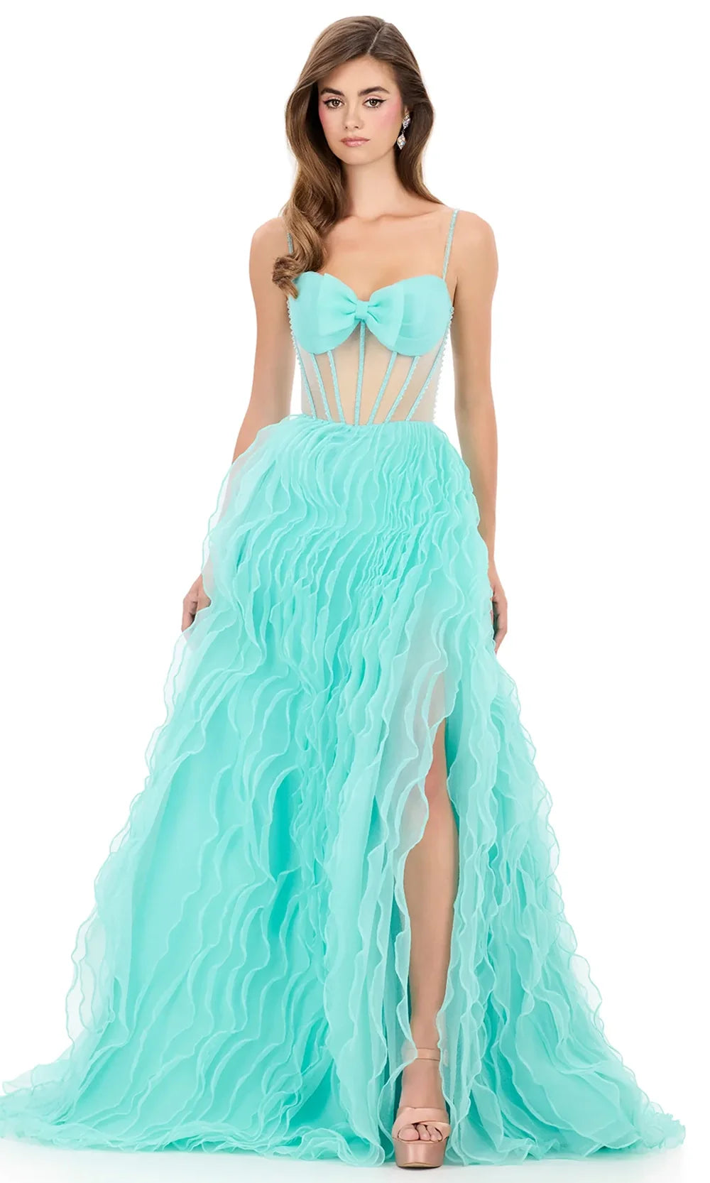 Ashley Lauren 12307 - Bow Neckline Illusion Corset Ruffled Dress in Aqua