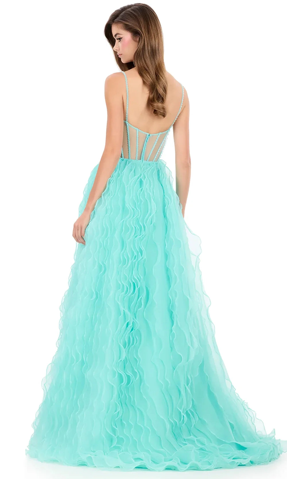 Ashley Lauren 12307 - Bow Neckline Illusion Corset Ruffled Dress in Aqua