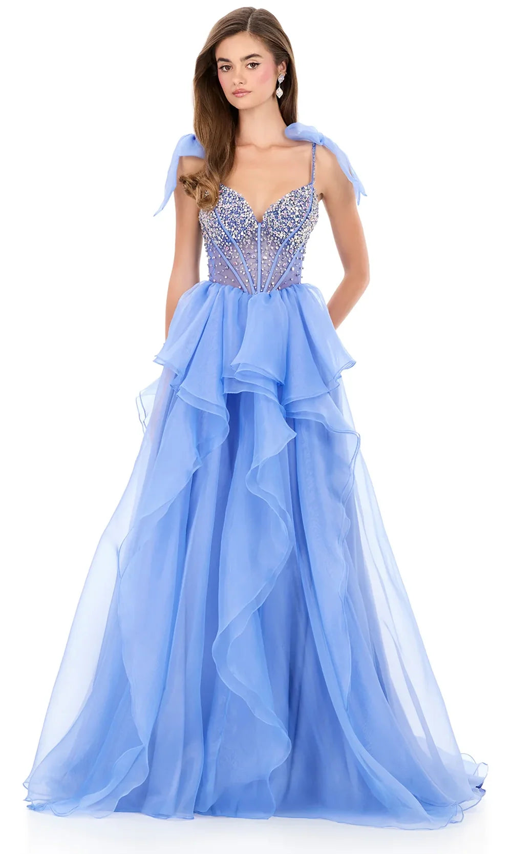 Ashley Lauren 12312 - Ribbon Strap Layered Organza Prom Gown in Periwin kle