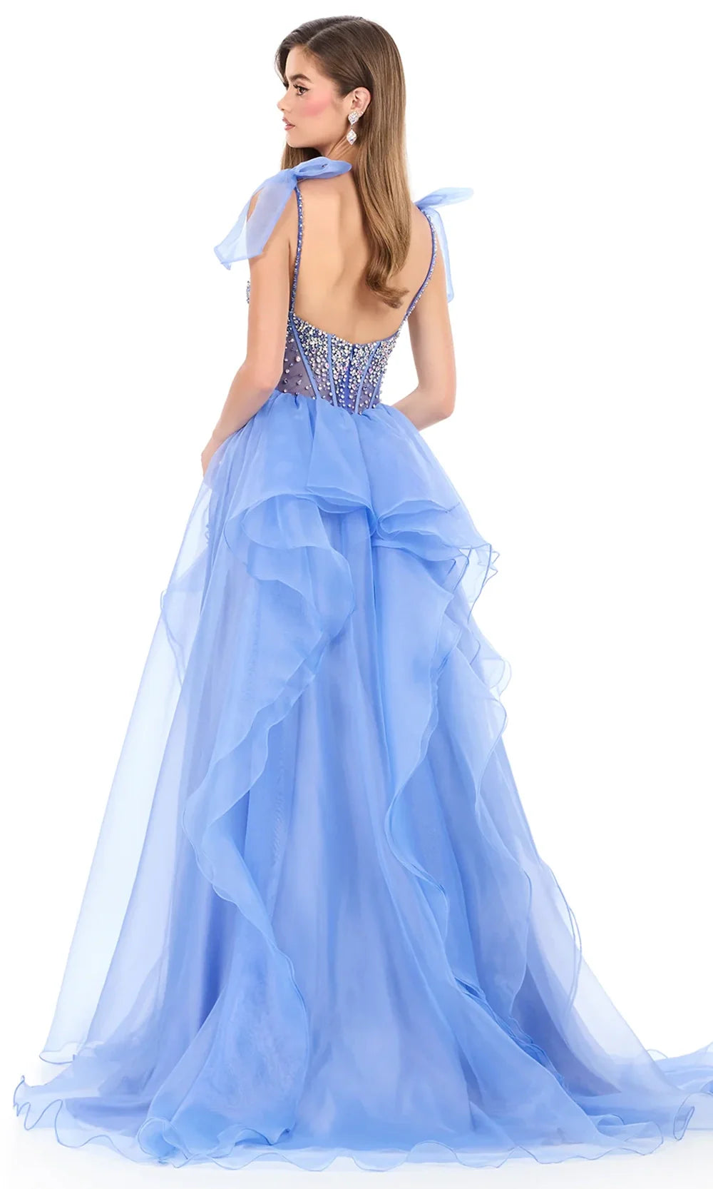 Ashley Lauren 12312 - Ribbon Strap Layered Organza Prom Gown in Periwin kle