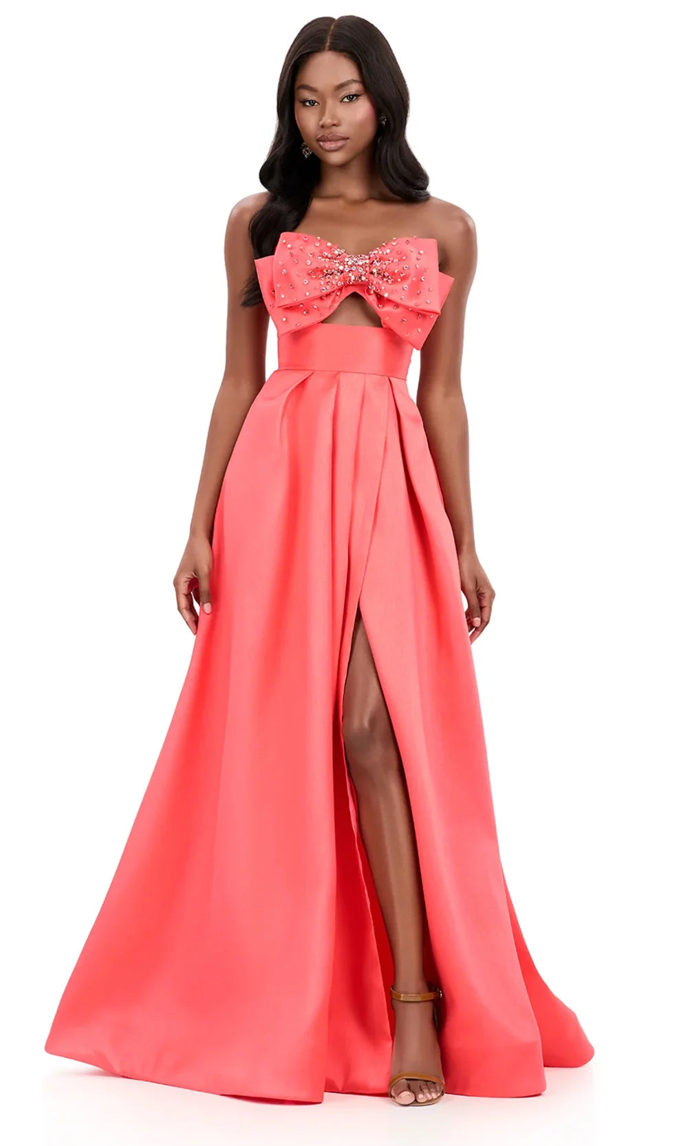 Ashley Lauren 12313 - Strapless Bow Cutout Evening Gown in Coral